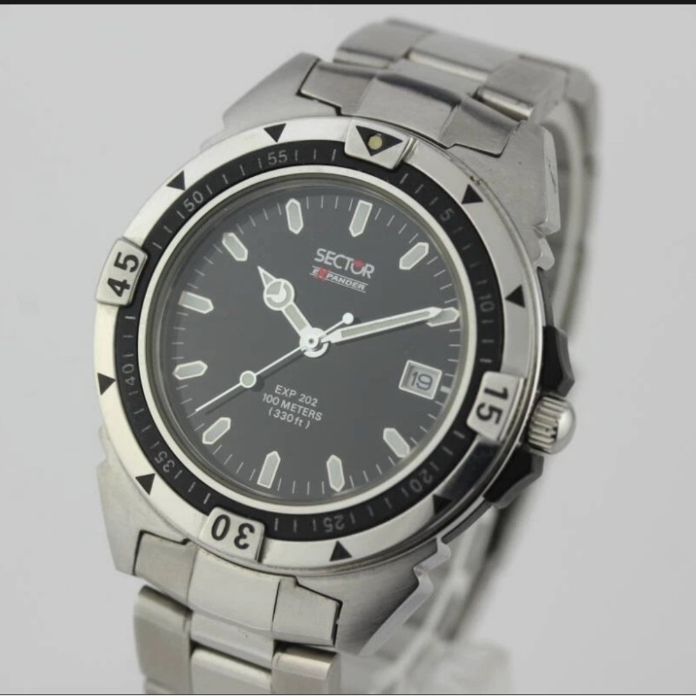 Sector: Expander 202 . Vintage. Silver and Black Stainless Steel Watch.